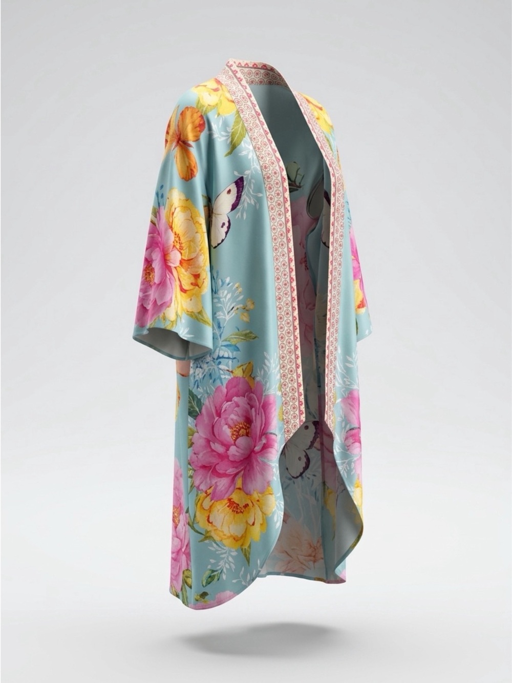 Floral Watercolor Kimono Butterfly Robe in Aqua